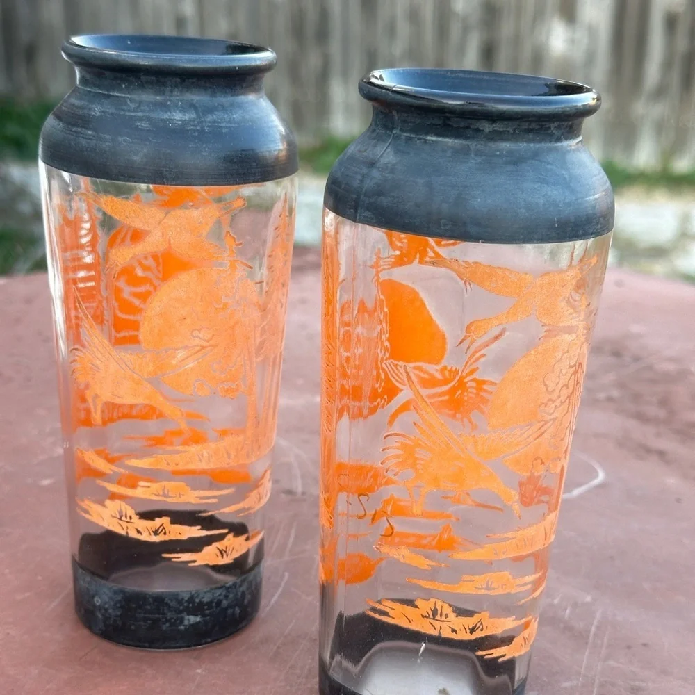 Set of 2 Vintage Bartlett Collins clear glass vase with orange ducks